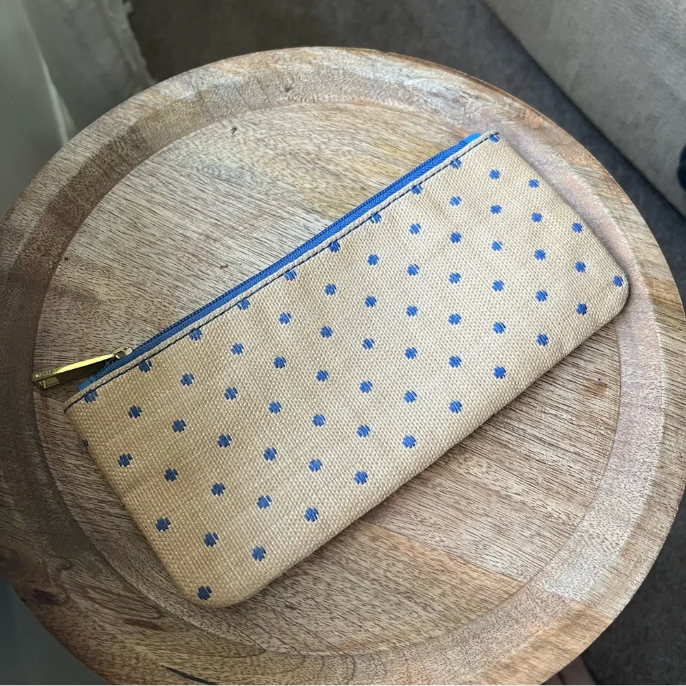 💙 Fossil Felicity Blue Dot Jori Zip Clutch Wallet & Pouch - Tan & Brown & Blue - Picture 5 of 15